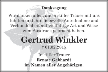 Traueranzeige von Gertrud Winkler von Super Sonntag Bernburg