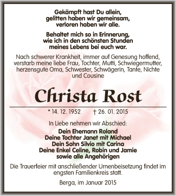 Traueranzeige von Christa Rost von Super Sonntag SGH Mansf. Land