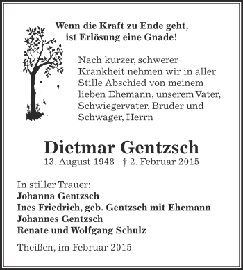 Traueranzeige von Dietmar Gentzsch von Super Sonntag Zeitz