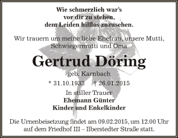 Traueranzeige von Gertrud Döring von Super Sonntag Bernburg