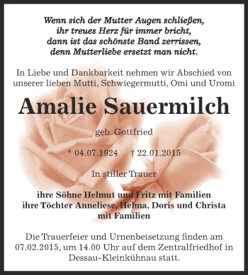 Traueranzeige von Amalie Sauermilch von WVG - Wochenspiegel Dessau / Köthen