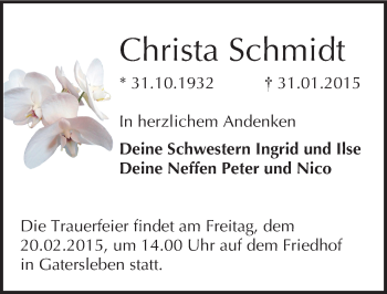 Traueranzeige von Christa Schmidt von Mitteldeutsche Zeitung Aschersleben
