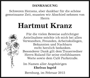 Traueranzeige von Hartmut Kranz von Mitteldeutsche Zeitung Bernburg
