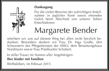 Traueranzeige von Margarete Bender von Mitteldeutsche Zeitung Mansfelder Land
