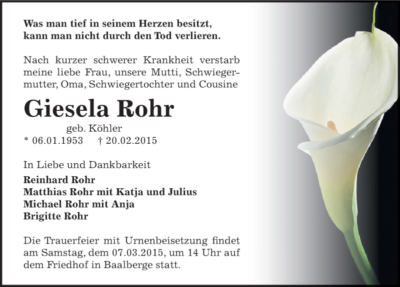  Traueranzeige für Giesela Rohr vom 28.02.2015 aus Mitteldeutsche Zeitung Bernburg