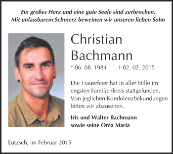 Traueranzeige von Christian Bachmann von WVG - Wochenspiegel Wittenberg