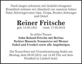 Traueranzeige von Reiner Fritsche von Super Sonntag Bernburg