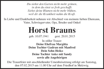 Traueranzeige von Horst Brauns von Super Sonntag Wittenberg