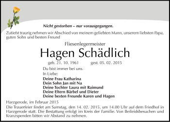 Traueranzeige von Hagen Schädlich von Mitteldeutsche Zeitung Quedlinburg