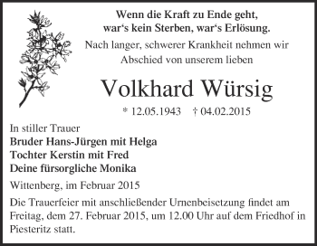Traueranzeige von Volkhard Würsig von Super Sonntag Wittenberg