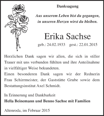 Traueranzeige von Erika Sachse von WVG - Wochenspiegel NMB / WSF / ZTZ