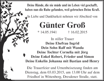 Traueranzeige von Günter Groß von WVG - Wochenspiegel Wittenberg