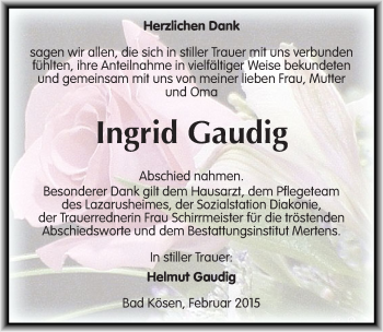 Traueranzeige von Ingrid Gaudig von Mitteldeutsche Zeitung Naumburg/Nebra