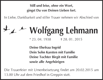 Traueranzeige von Wolfgang Lehmann von WVG - Wochenspiegel Bitterfeld