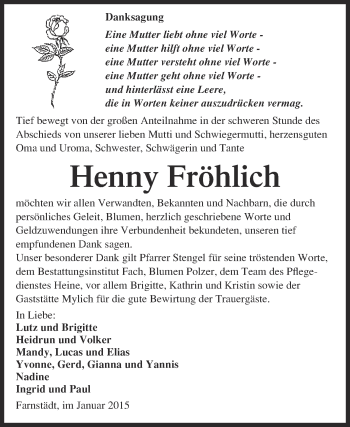 Traueranzeige von Henny Fröhlich von WVG - Wochenspiegel Merseburg