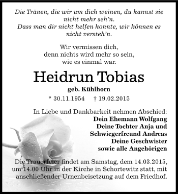 Traueranzeige von Heidrun Tobias von Mitteldeutsche Zeitung Köthen