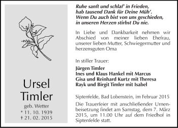 Traueranzeige von Ursel Timler von Mitteldeutsche Zeitung Quedlinburg
