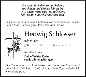 Traueranzeige von Hedwig Schlosser von WVG - Wochenspiegel Merseburg