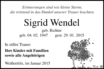 Traueranzeige von Sigrid Wendel von WVG - Wochenspiegel NMB / WSF / ZTZ