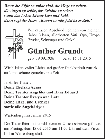Traueranzeige von Günther Grundt von WVG - Wochenspiegel Wittenberg