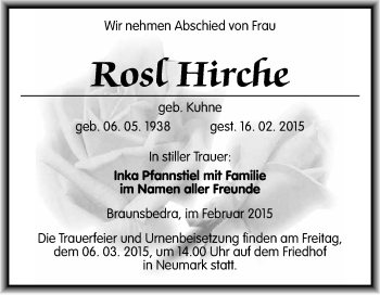 Traueranzeige von Rosl Hirche von WVG - Wochenspiegel Merseburg