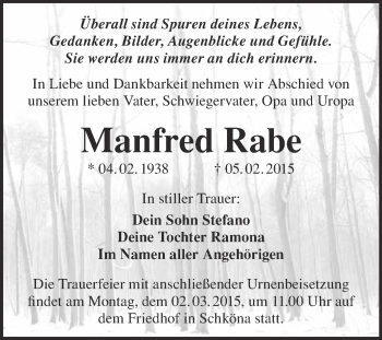 Traueranzeige von Manfred Rabe von Super Sonntag Wittenberg