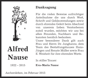 Traueranzeige von Alfred Nause von Super Sonntag Aschersleben