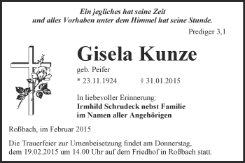 Traueranzeige von Gisela Kunze von Super Sonntag Merseburg