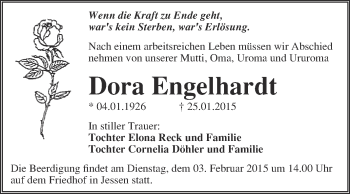 Traueranzeige von Dora Engelhardt von WVG - Wochenspiegel Wittenberg