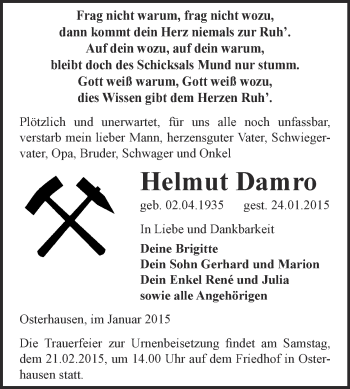 Traueranzeige von Helmut Damro von WVG - Wochenspiegel SGH