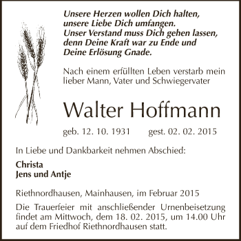 Traueranzeige von Walter Hoffmann von Super Sonntag SGH Mansf. Land