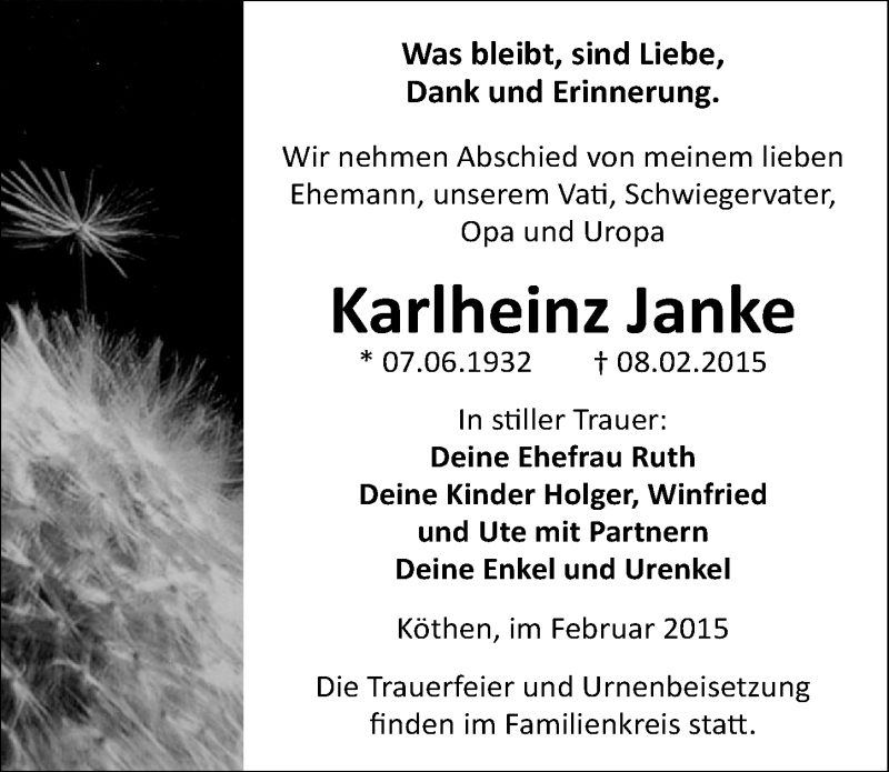  Traueranzeige für Karlheinz Janke vom 13.02.2015 aus Mitteldeutsche Zeitung Köthen