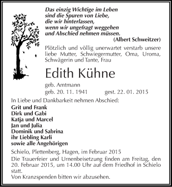 Traueranzeige von Edith Kühne von Mitteldeutsche Zeitung Mansfelder Land