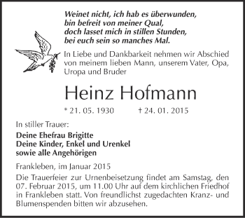 Traueranzeige von Heinz Hofmann von WVG - Wochenspiegel Merseburg