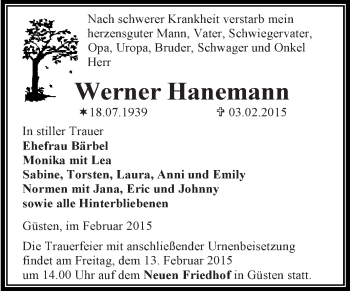 Traueranzeige von Werner Hanemann von Super Sonntag Bernburg