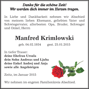 Traueranzeige von Manfred Krimlowski von Super Sonntag Zeitz