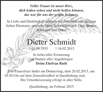 Traueranzeige von Dieter Schmidt von WVG - Wochenspiegel Quedlinburg