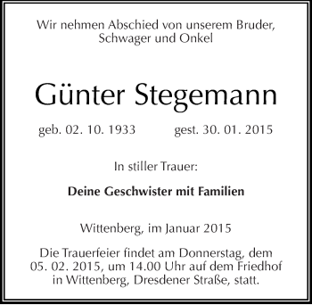 Traueranzeige von Günter Stegemann von Mitteldeutsche Zeitung Wittenberg