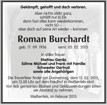 Traueranzeige von Roman Burchhardt von Mitteldeutsche Zeitung Weißenfels