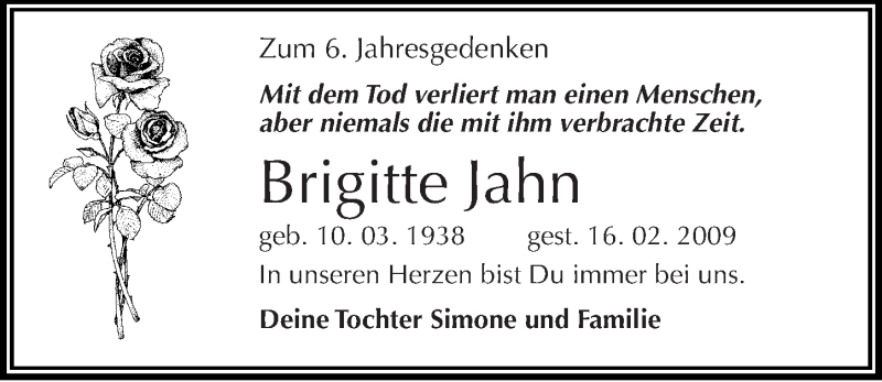  Traueranzeige für Brigitte Jahn vom 16.02.2015 aus Mitteldeutsche Zeitung Halle/Saalkreis