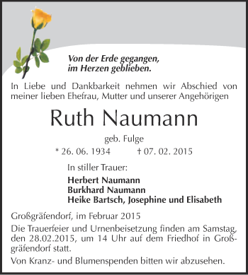 Traueranzeige von Ruth Naumann von WVG - Wochenspiegel Merseburg