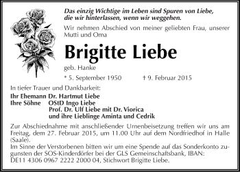 Traueranzeige von Brigitte Liebe von Mitteldeutsche Zeitung