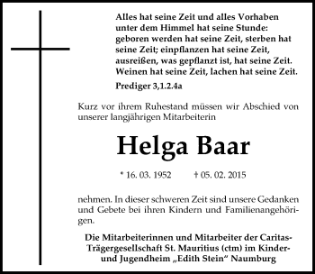 Traueranzeige von Helga Baar von Mitteldeutsche Zeitung Naumburg/Nebra