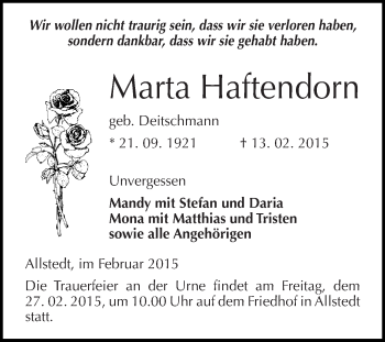 Traueranzeige von Marta Haftendorn von Super Sonntag SGH Mansf. Land