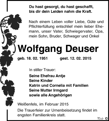 Traueranzeige von Wolfgang Deuser von WVG - Wochenspiegel NMB / WSF / ZTZ