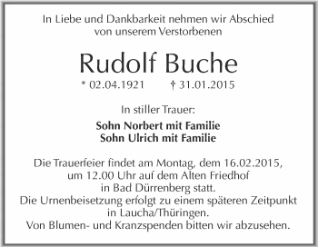 Traueranzeige von Rudolf Buche von Super Sonntag Merseburg