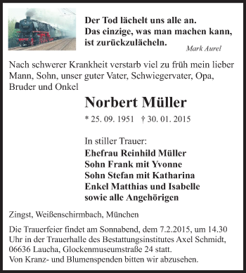 Traueranzeige von Norbert Müller von WVG - Wochenspiegel NMB / WSF / ZTZ