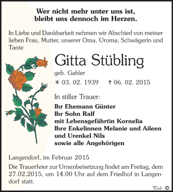 Traueranzeige von Gitta Stübling von WVG - Wochenspiegel NMB / WSF / ZTZ