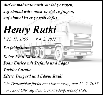 Traueranzeige von Henry Rutki von Mitteldeutsche Zeitung Halle/Saalkreis