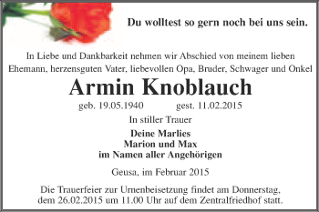 Traueranzeige von Armin Knoblauch von Super Sonntag Merseburg